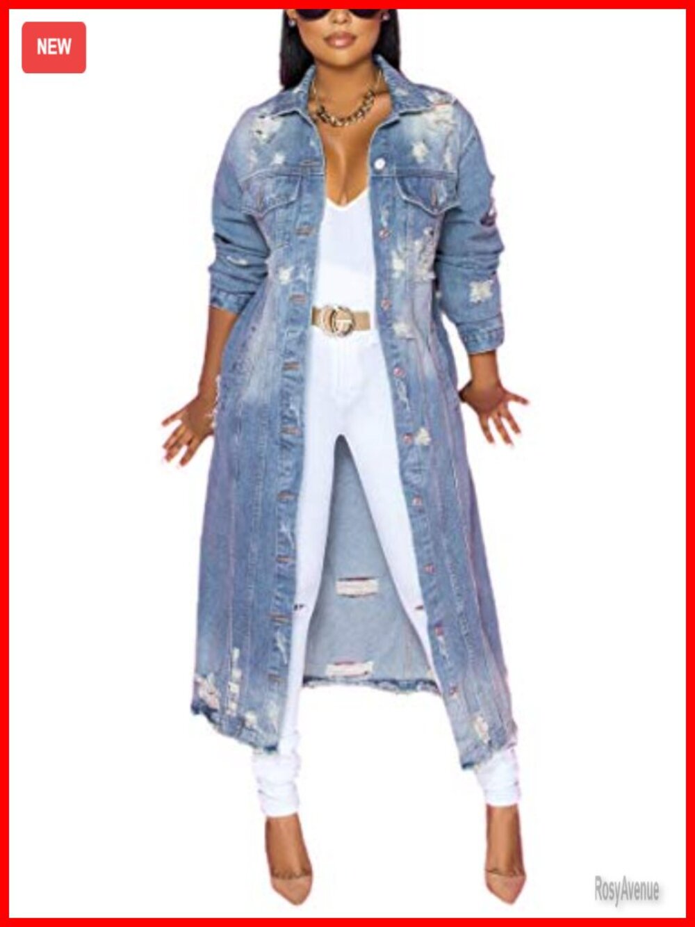 Ripped Holes Maxi Long Denim Jacket Trench Coat Spring Fashion